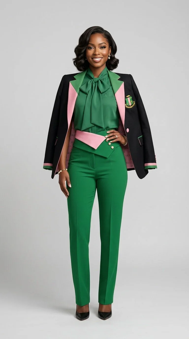 A woman with dark, wavy hair, wearing a black blazer with pink and green accents, a green blouse with a bow, and green tailored pants, standing against a plain gray background.