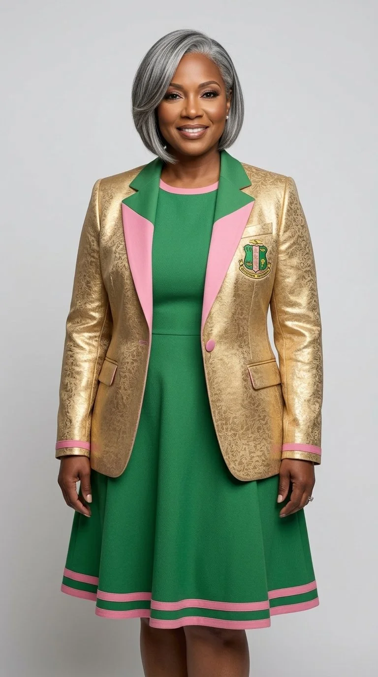 A woman with gray hair wearing a gold blazer with pink and green accents over a green dress, standing against a plain gray background.