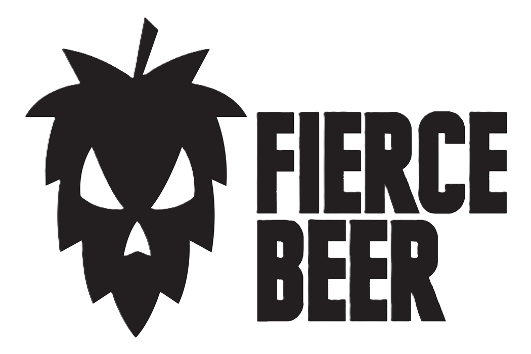 Black skull with spiky hair alongside the words "Fierce Beer" in bold uppercase letters.
