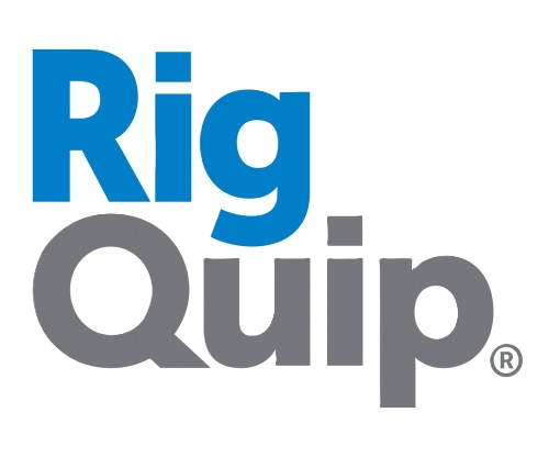 The image shows the logo for 'Rig Quip' with the words 'Rig' in blue and 'Quip' in gray, on a black background.