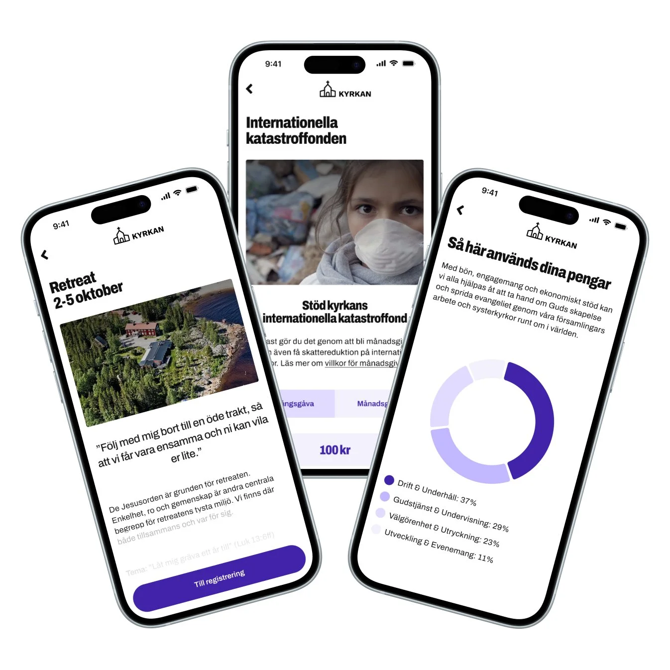 Tre smartphones visar olika sidor av en app relaterad till kyrkans arbete, inklusive information om internationella katastroffonder, ett retreat i oktober och hur pengar används inom kyrkan.