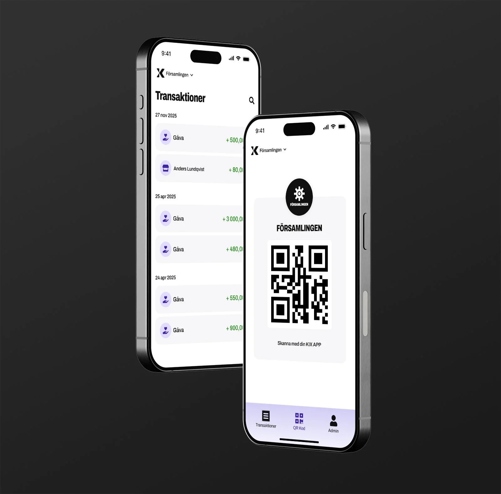 Två smartphones visar en digital app för en församling, med en QR-kod på den ena skärmen och transaktionslista på den andra, mot en mörk bakgrund.