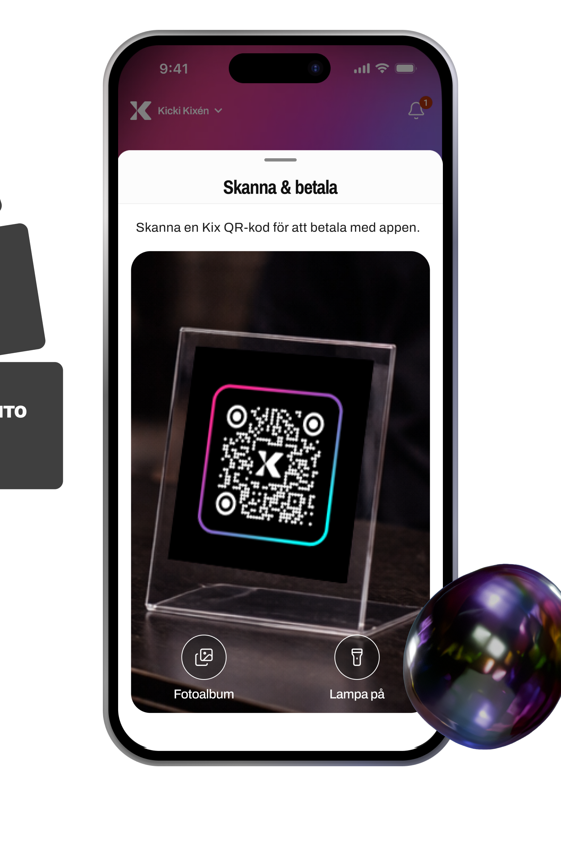 En smartphone-skärm som visar en digital betalning via QR-kod med texten 'PAY WITH KIX' och 'KIX Payment', omgiven av grafiska element och knappar för att byta mellan skanning och Min QR.