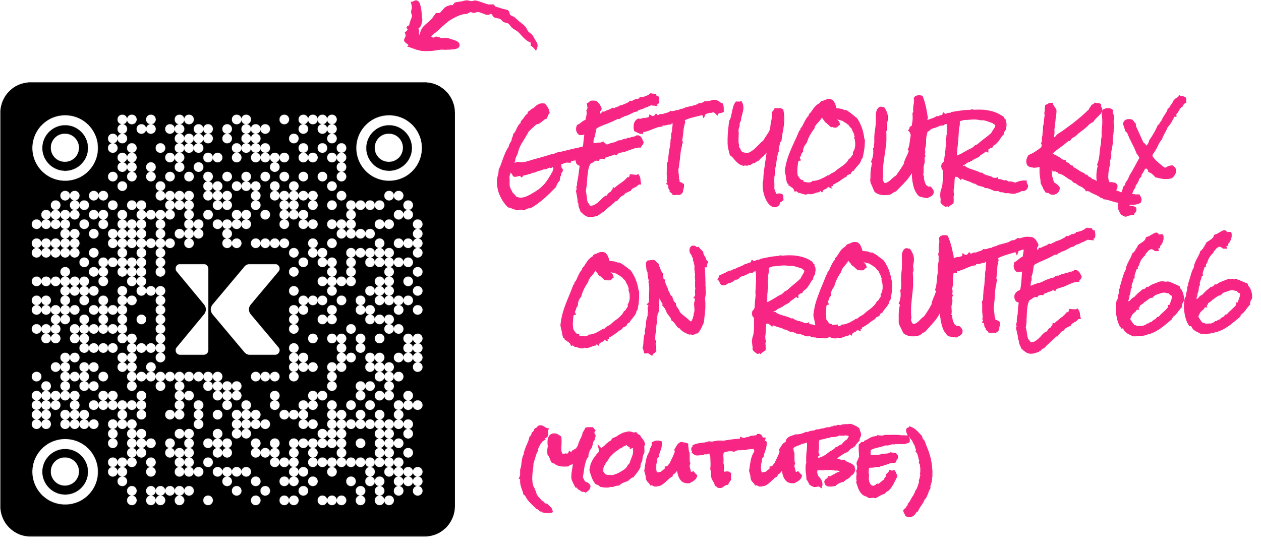 QR-kod bredvid texten 'GET YOUR KIX ON ROUTE 66 (YOUTUBE)' skrivet i rosa.