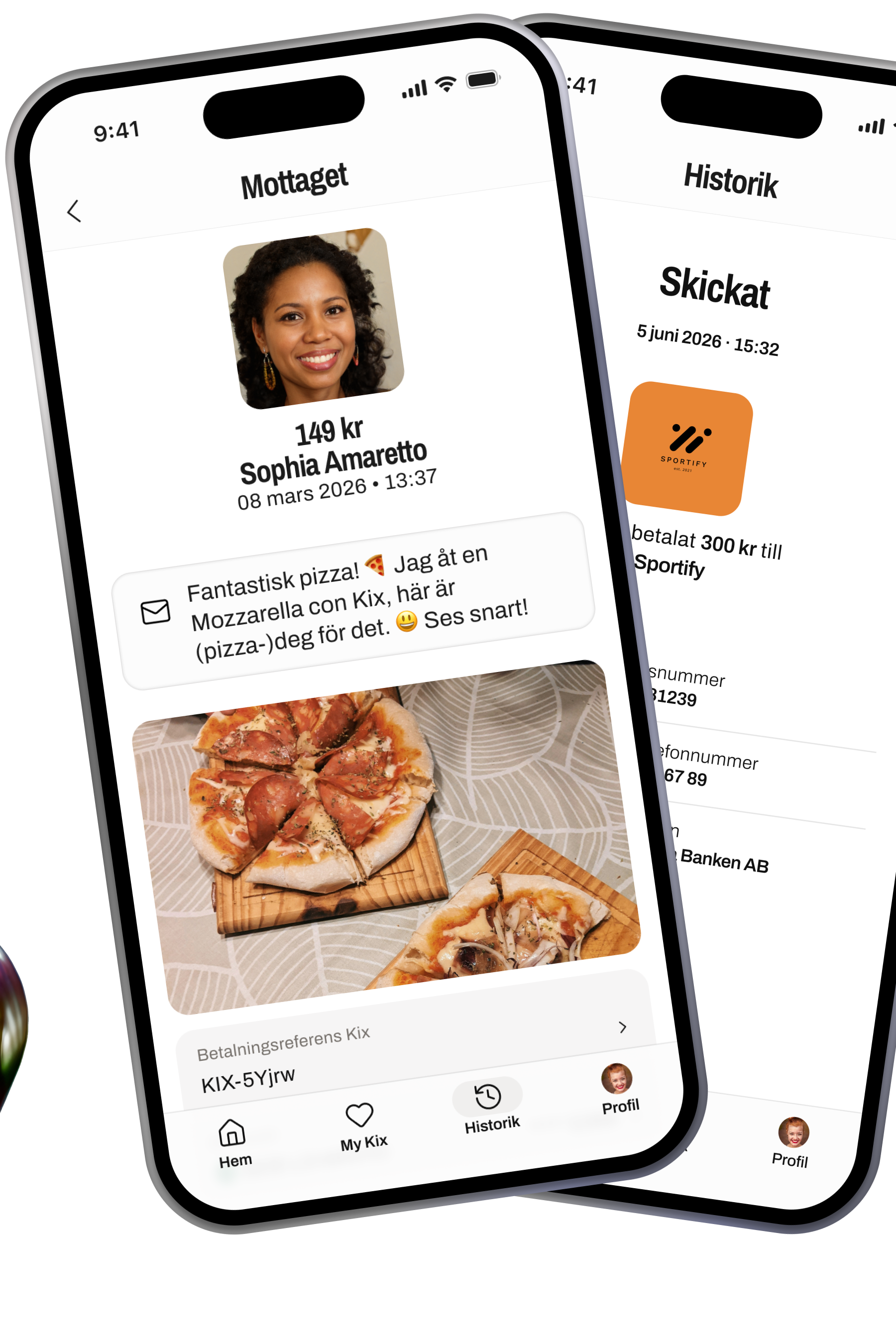 Skärmbilder av en mobilapp som visar en transaktionshistorik, inklusive mottaget belopp på 1250 kr från Karin Kixén och en betalning på 54 kr till Kaffekoppen AB, med datum och referensnummer.