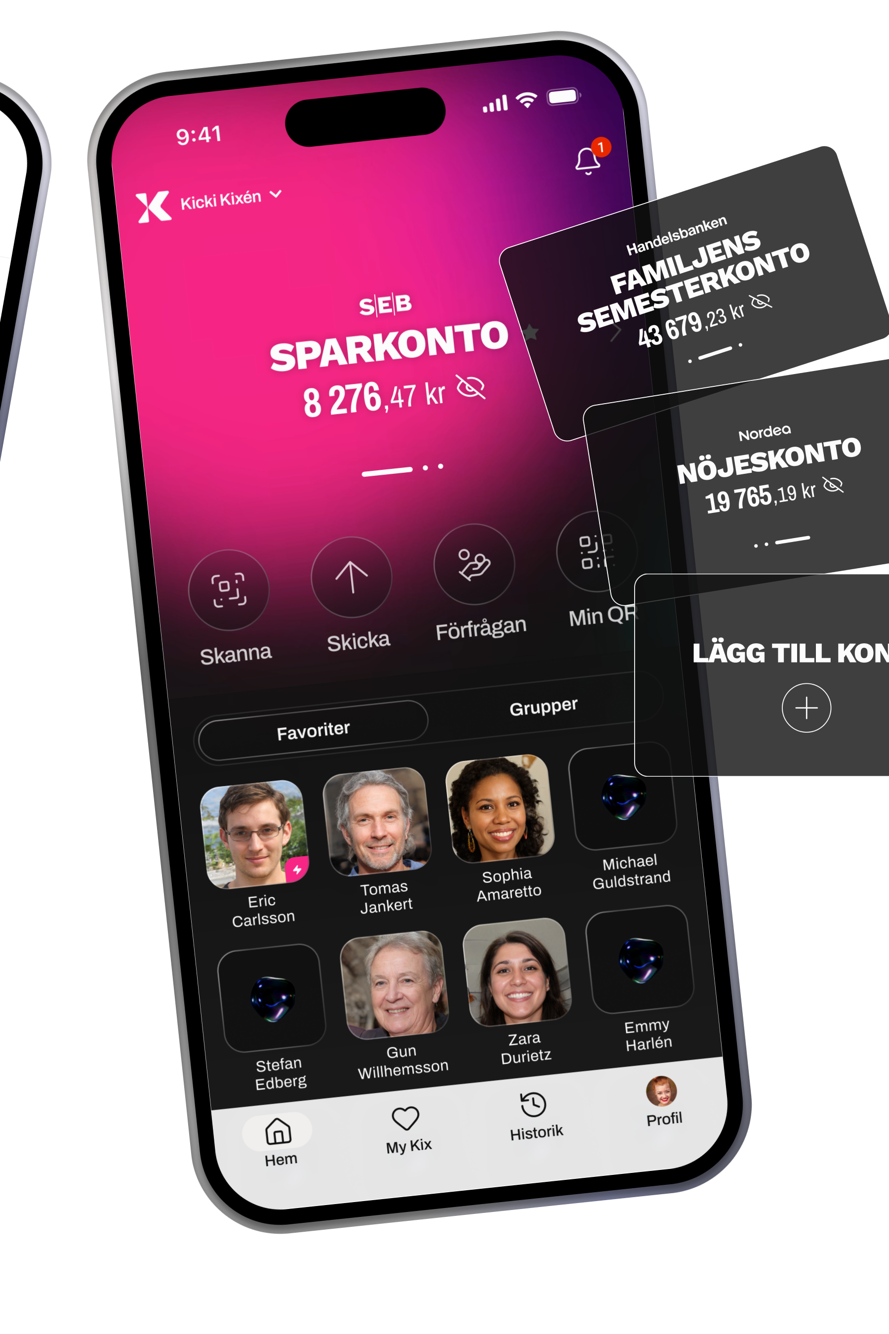 Skärmdump av en mobilbank-app med tre digitala bankkort och en översikt av kontobalanser, favoritkontakter och senaste transaktioner.