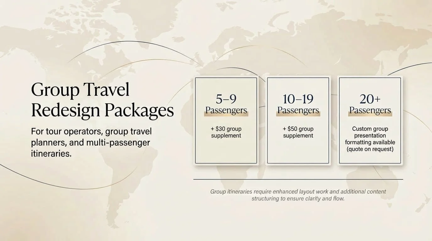 Aloria & Co group travel itinerary redesign packages for tour operators and multi-passenger travel planners.