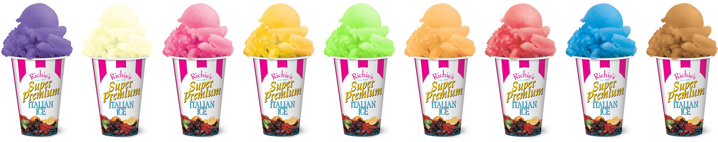 A row of eight cups of rainbow-colored ice cream in various pastel shades, each labeled 'Richie's Super Premium Italian Ice', featuring a fruit and berry design on the cups.