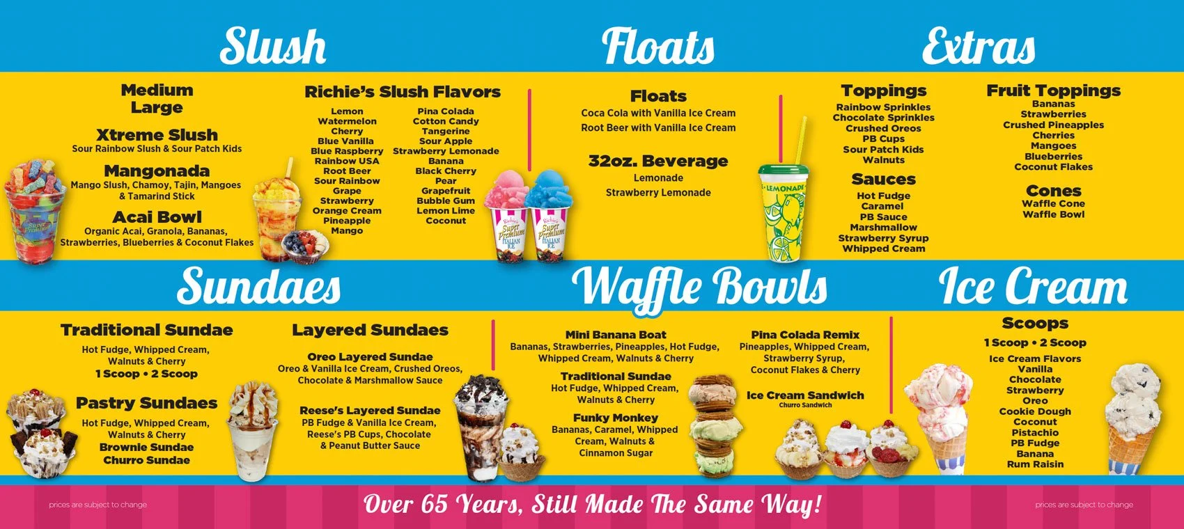 A colorful menu board featuring different types of slushes, floats, sundae, waffle bowls, ice cream, and extras with various flavors and toppings listed.