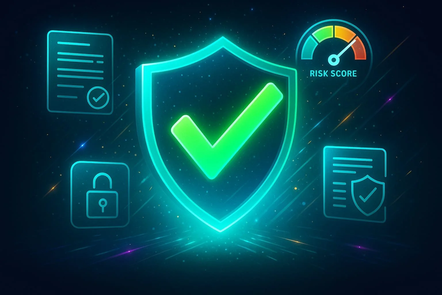 Cyber insurance compliance assessment concept with a glowing green checkmark shield, risk score gauge, padlock, and floating policy document icons on a dark background