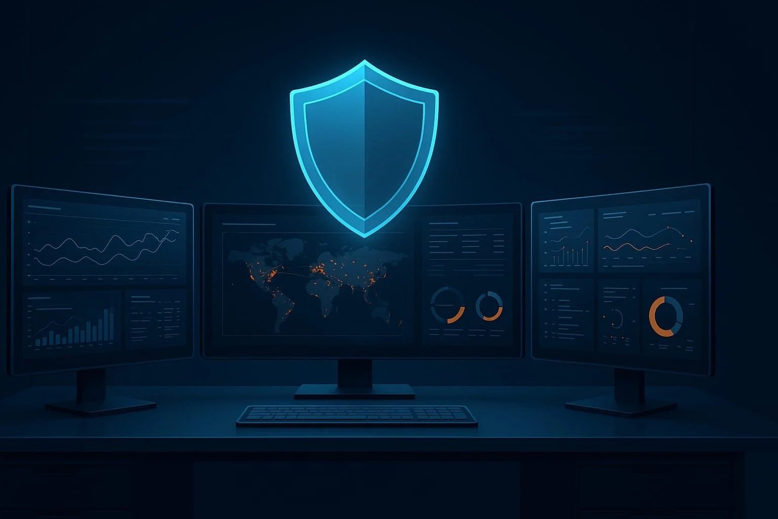 Digital cybersecurity command center with three monitors displaying a global threat map, security analytics dashboards, and a glowing blue shield icon representing virtual CISO protection