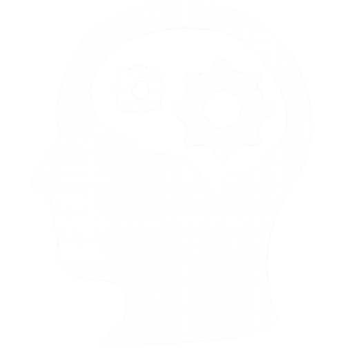 Silhouette of a human head in profile with gear icons inside the brain area.