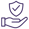 An outline of a hand holding a shield with a checkmark in the center, representing security or protection.