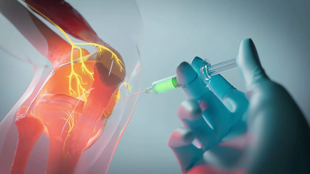 A medical illustration showing a hand in a glove administering an injection into a human knee joint, highlighting nerves, bones, and cartilage.