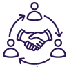 A purple icon of a person at a desk presenting in front of a group, symbolizing leadership or presentation.
