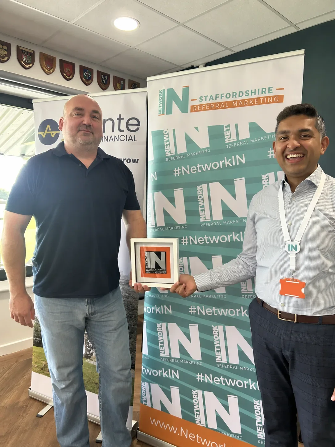 Alex Hinchliffe receiving NetworkIN Minute Maestro recognition at a Staffordshire networking event