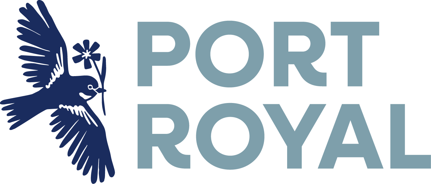 A dark blue illustration of a bird holding a flower in its beak, positioned to the left of the words "PORT ROYAL" in light blue capital letters.