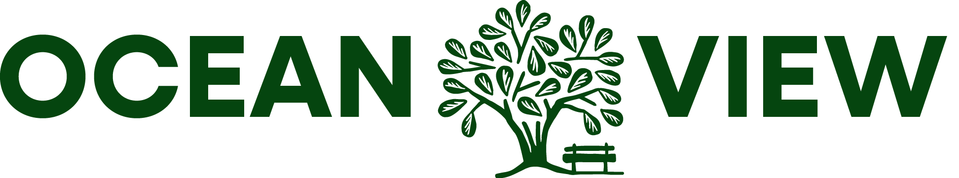 Logo with the words 'Ocean View' in green and a stylized tree with a park bench underneath.