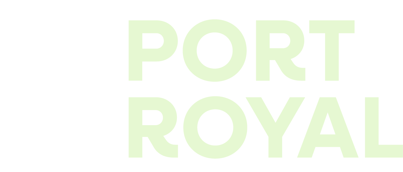 Logo for Port Royal featuring a white dove carrying an olive branch with a flower, and the words port royal in light green.