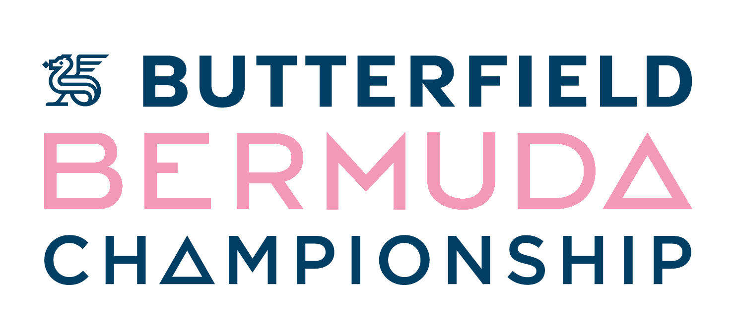 Logo for the Butterfield Bermuda Championship, featuring a stylized bird and text in navy blue and pink.
