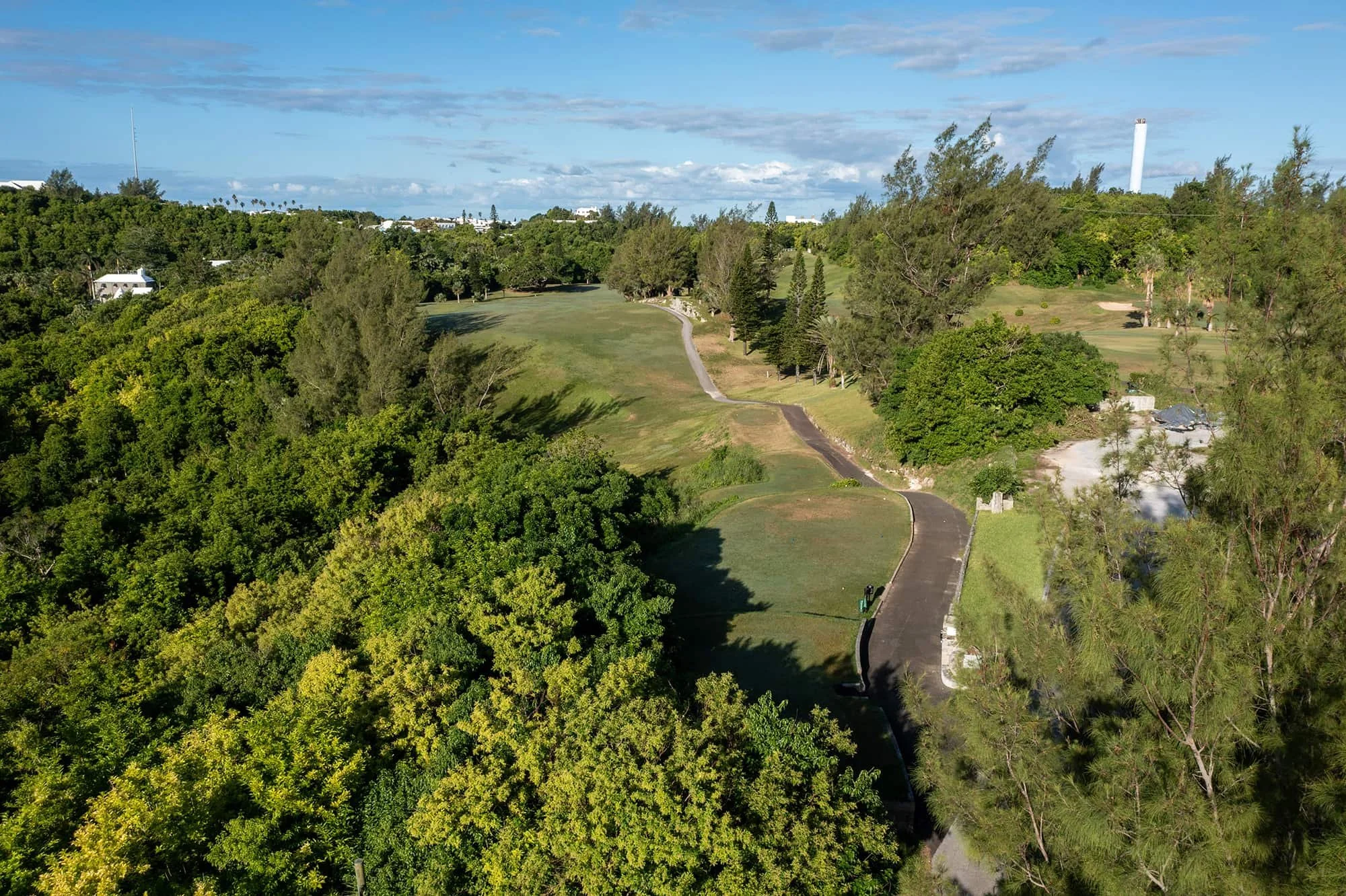 Aerial view of a park with green trees, a walking path, and open grassy areas, with buildings and a tall chimney in the distance under a partly cloudy sky.