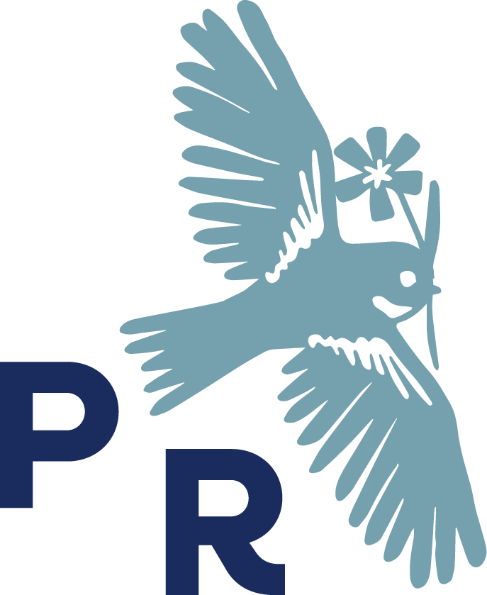 A stylized dove holding an olive branch and a flower, with the letters 'PR' in bold navy blue underneath.