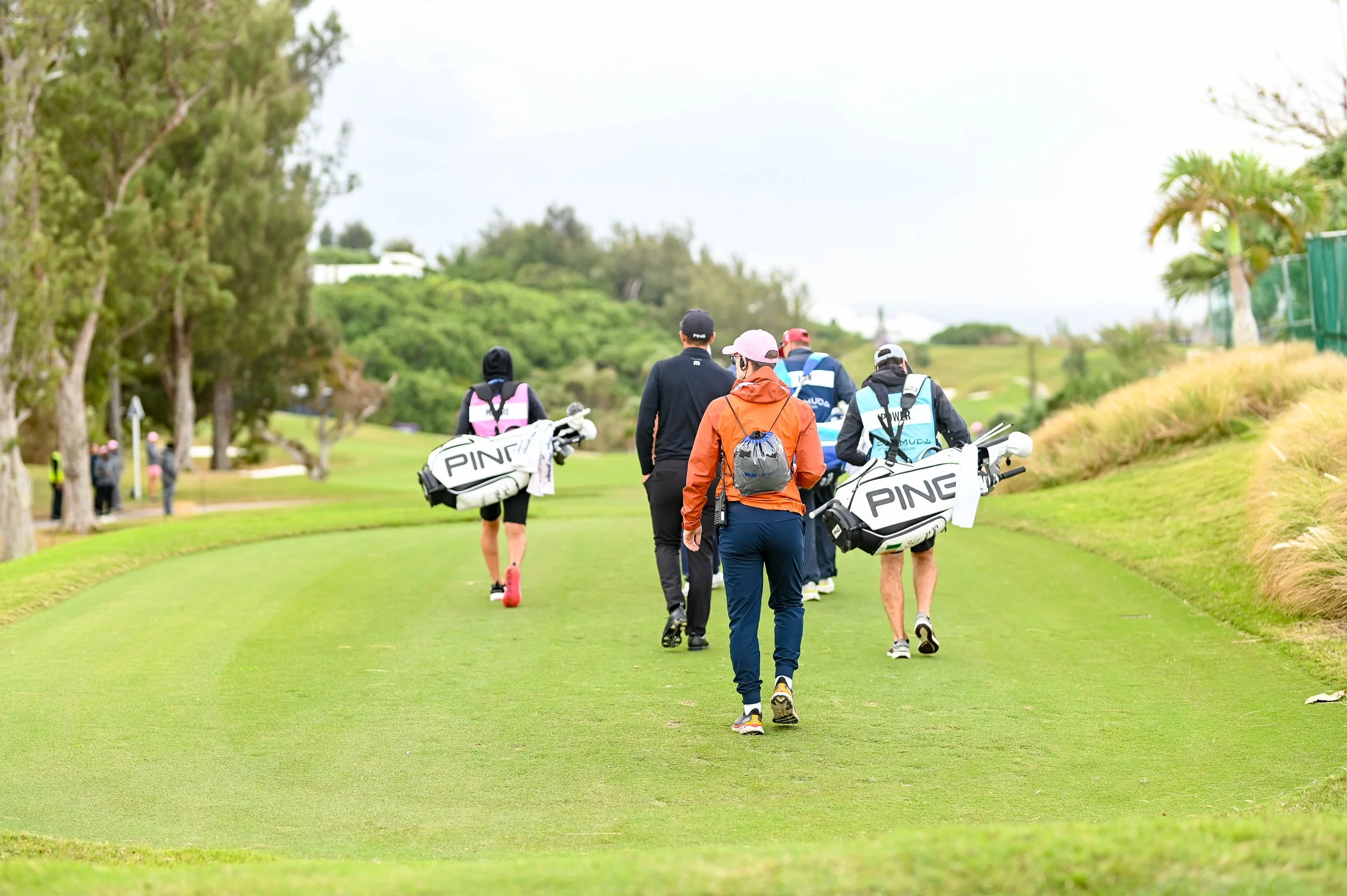 Group of golfers walking on a golf course, surrounded by trees and greenery, carrying golf bags and equipment.