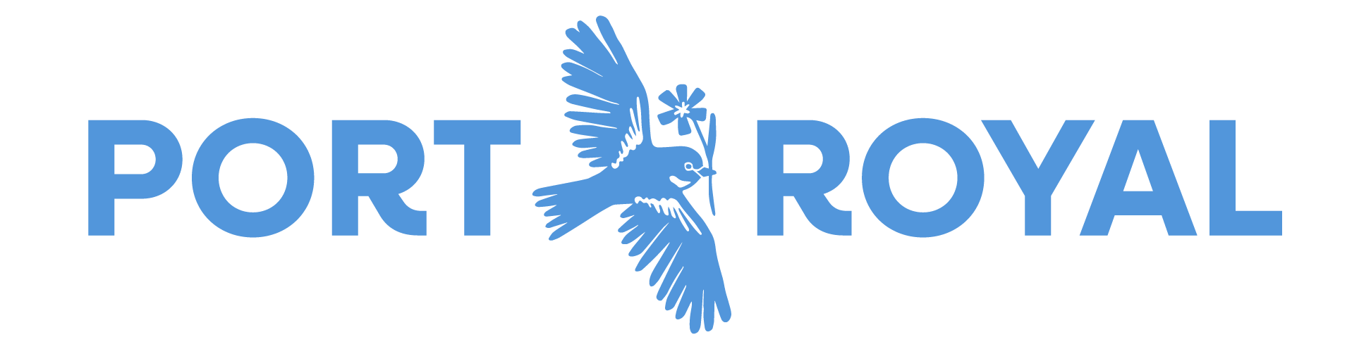 Logo with the words "PORT ROYAL" in blue, featuring a blue bird holding a flower in its beak.