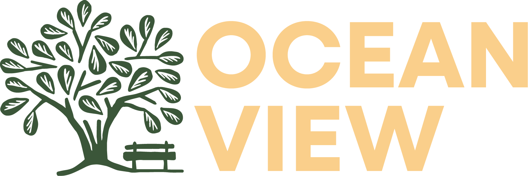 Illustration of a tree with green leaves and a green bench underneath, next to the text 'OCEAN VIEW' in large beige letters