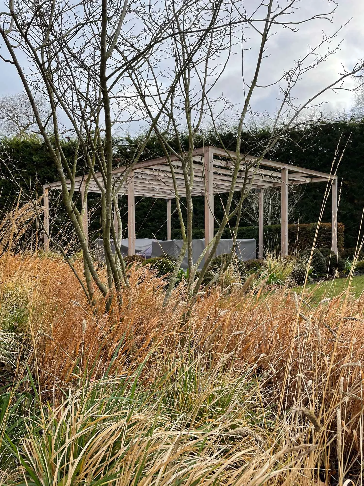 A wooden pergola with standing beams, situated in a garden surrounded by tall, brown grasses and leafless trees. Some greenery and shrubs are visible in the background under a cloudy sky.