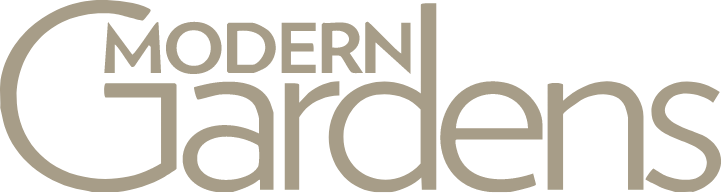 Modern Gardens logo in beige text on a black background.
