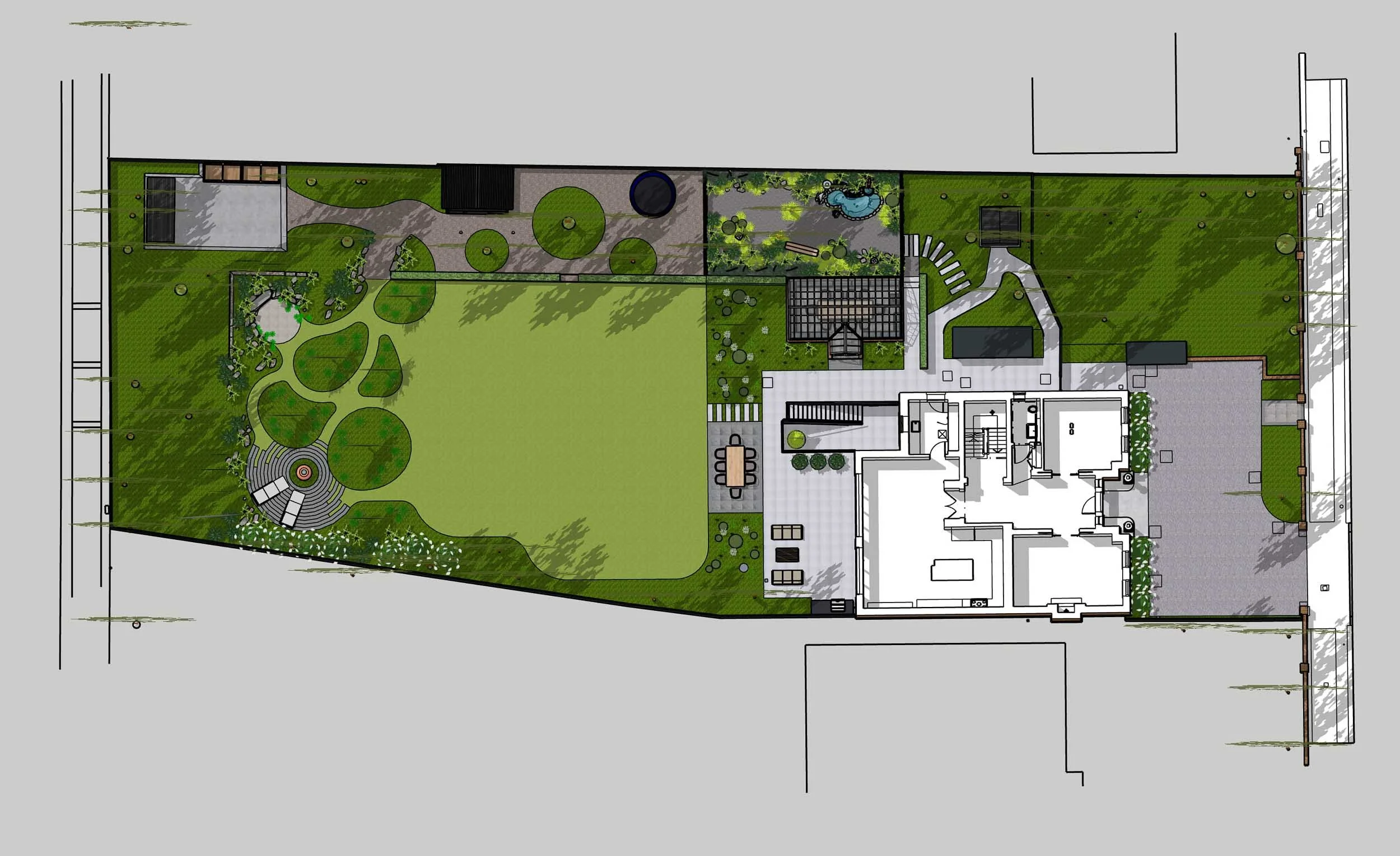 Colourful master garden plan showing a large lawn curved flower beds a fire pit zone and a detailed house footprint