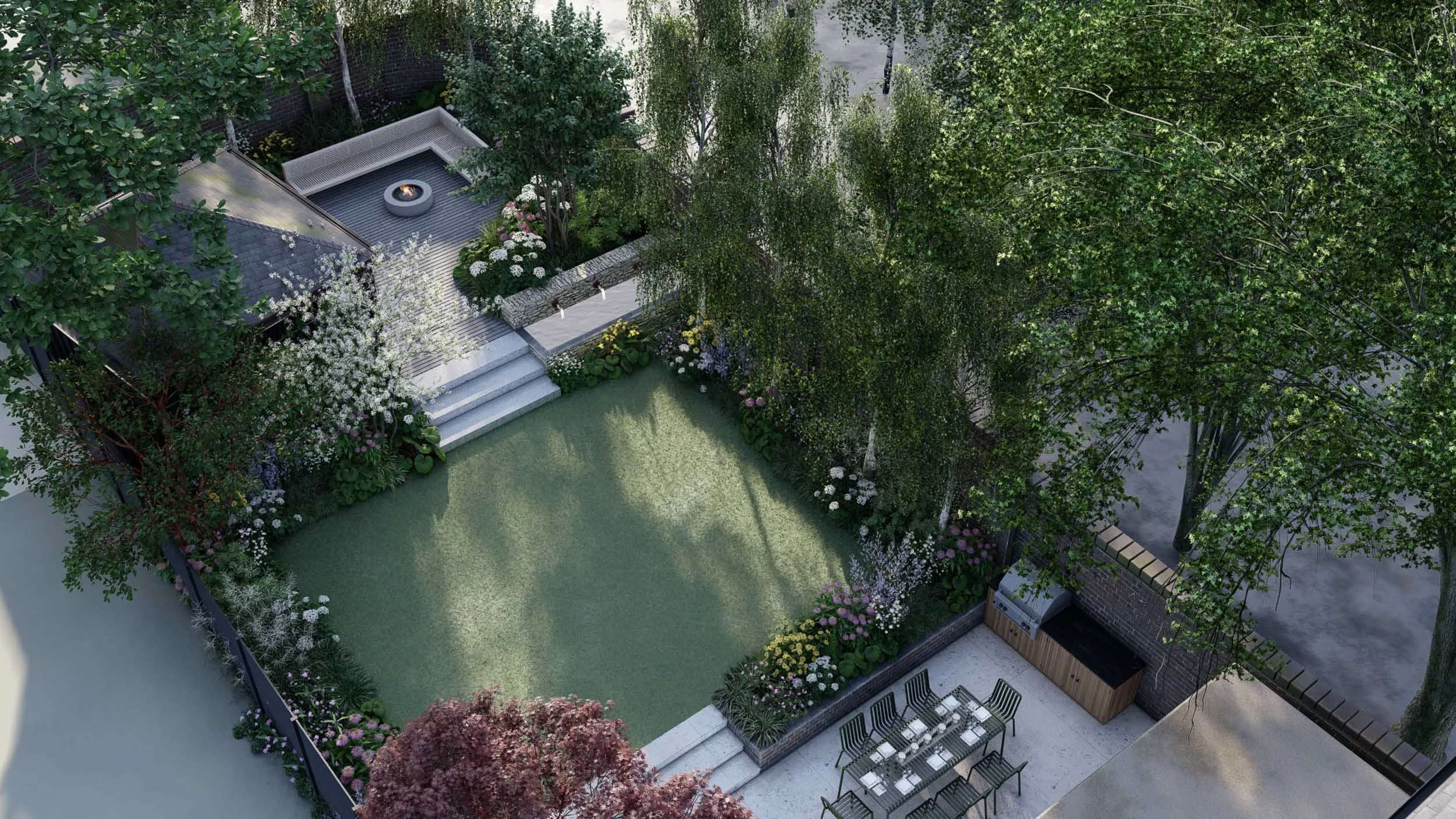 High-angle 3D landscape rendering of a finished garden with a central lawn fire pit area and outdoor kitchen space