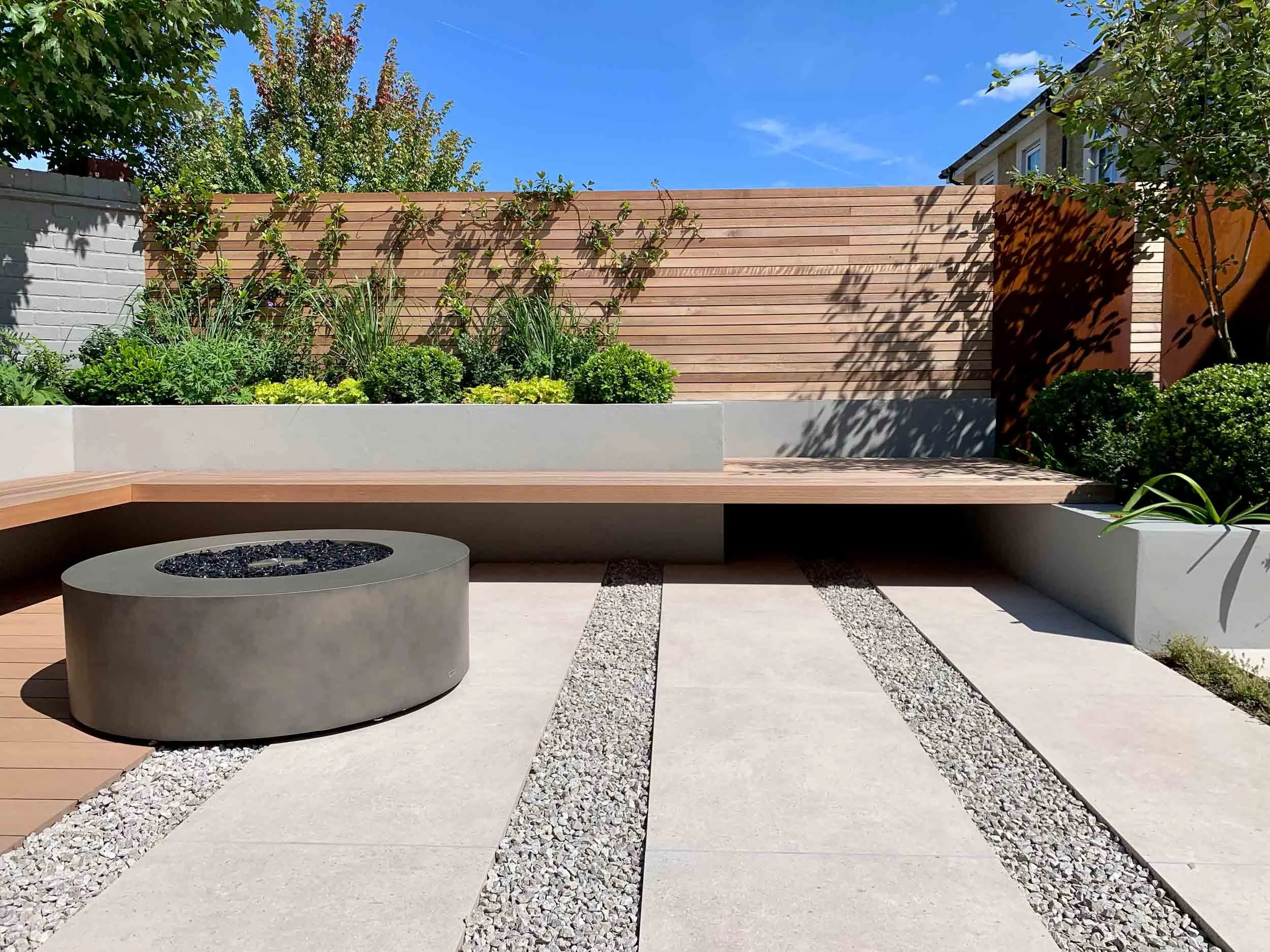 Modern backyard with a round fire pit, concrete and gravel pathway, lush green plants, and a wooden privacy fence under a blue sky.