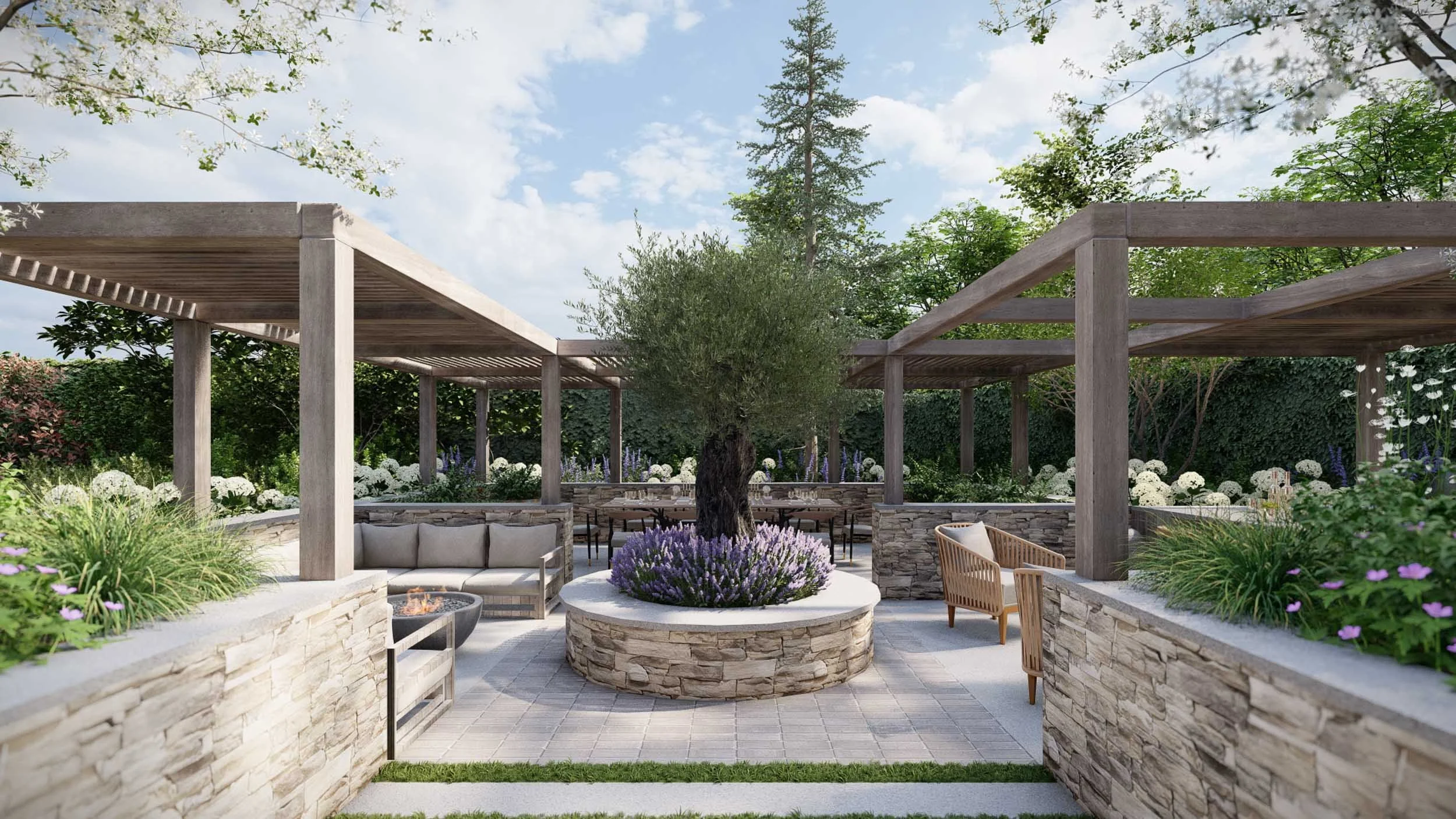 Overhead 3D garden visualisation showing a modern lawn stone terrace timber decking and a pergola beside a house