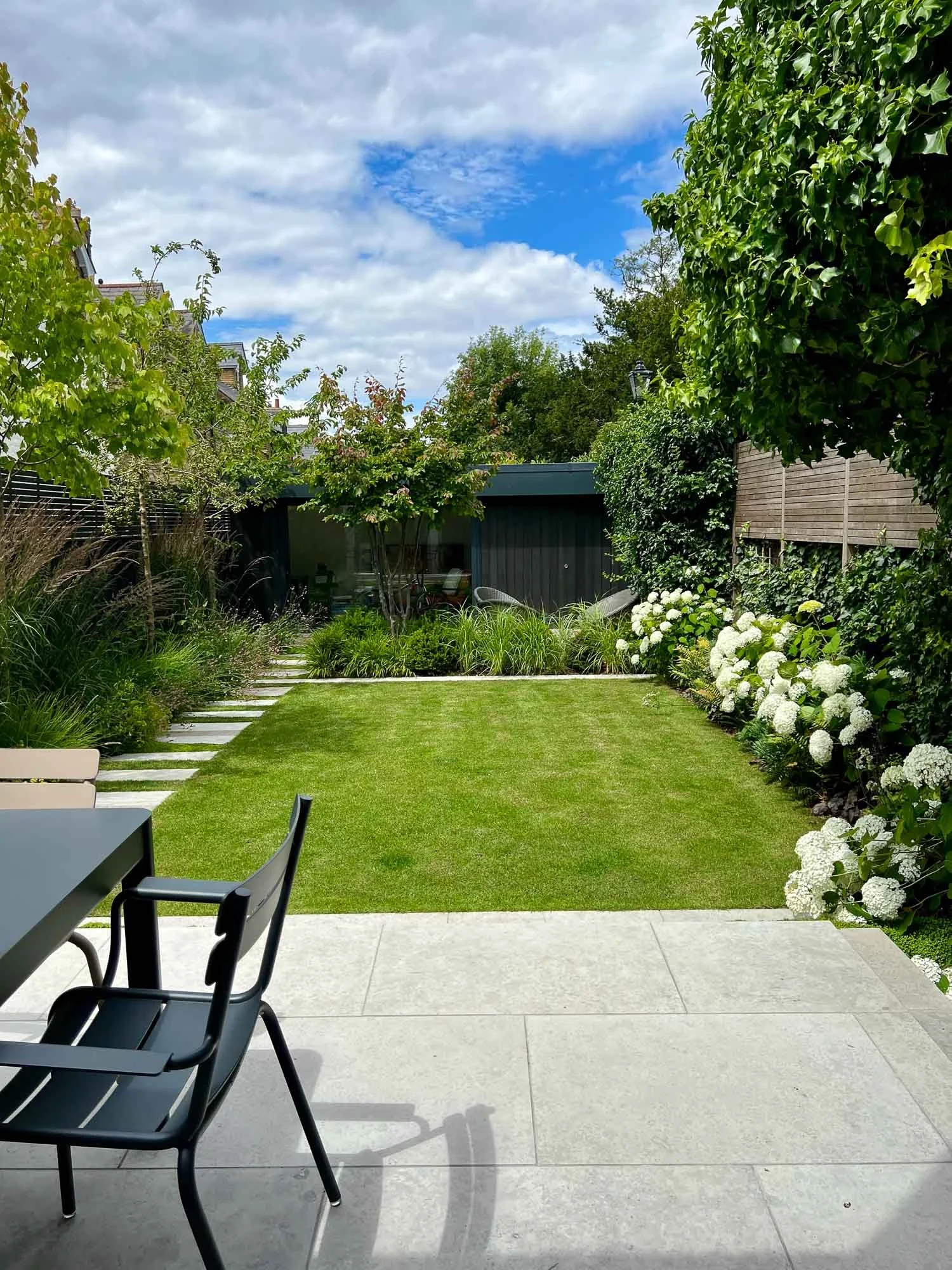 View of a backyard garden with a patio and a lawn, bordered by flowering bushes, trees, and a wooden fence, under a partly cloudy sky.