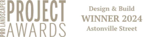 Text graphic with large words 'PROJECT AWARDS' and smaller text reading 'Design & Build WINNER 2024' and 'Astonville Street' on a dark background.