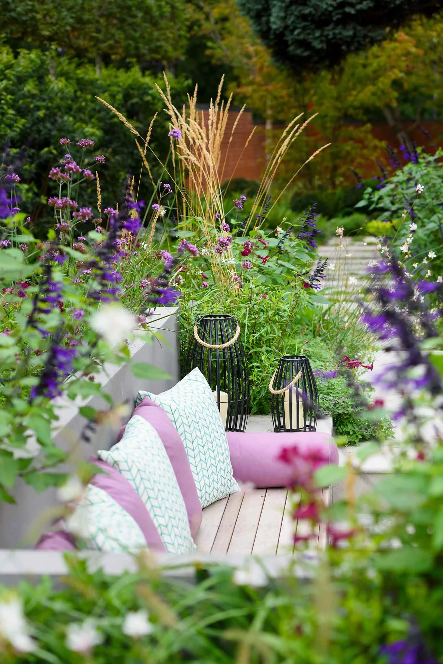 Naturalistic planting with grasses and flowering perennials in soft evening light