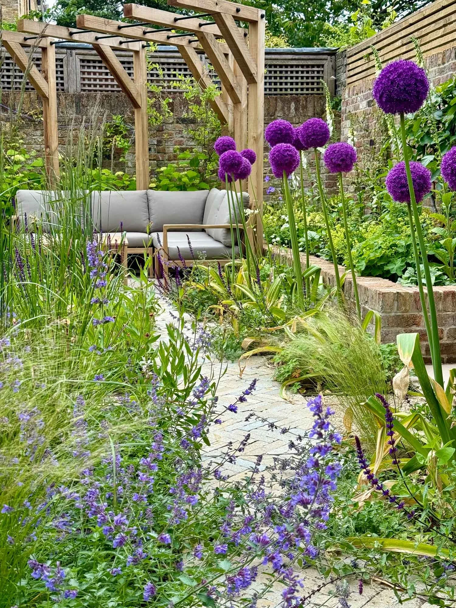 A lush garden with purple allium flowers in the foreground, lavender and other purple flowering plants along a stone pathway, and a beige outdoor sofa with cushions beneath a wooden pergola, surrounded by green foliage and brick walls.