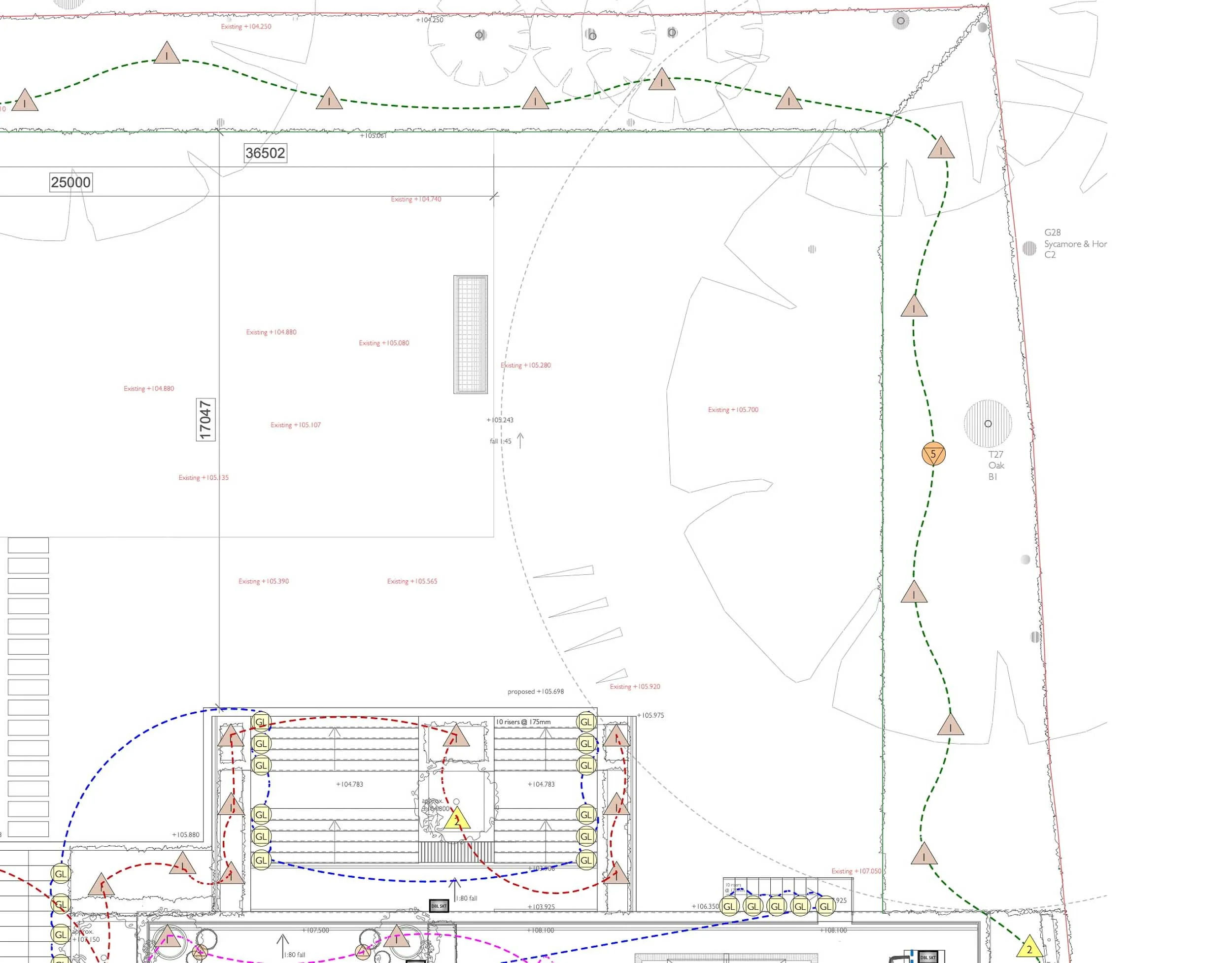 Detailed landscape architectural plan displaying site levels proposed planting areas and garden lighting positions