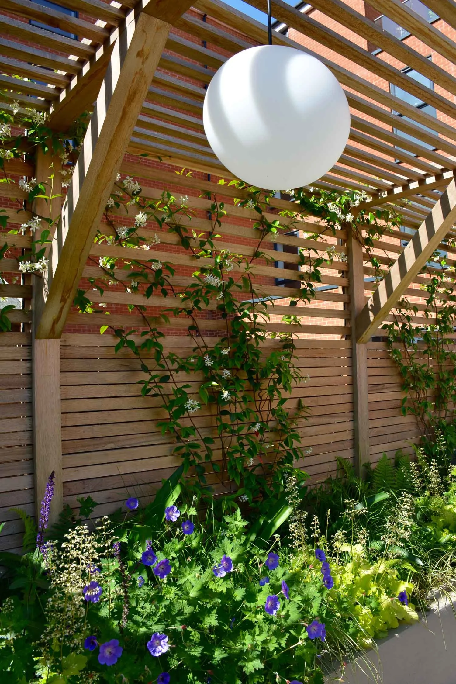 A modern wooden pergola with a hanging spherical white light, surrounded by green plants and purple flowering plants, with a red brick building in the background.