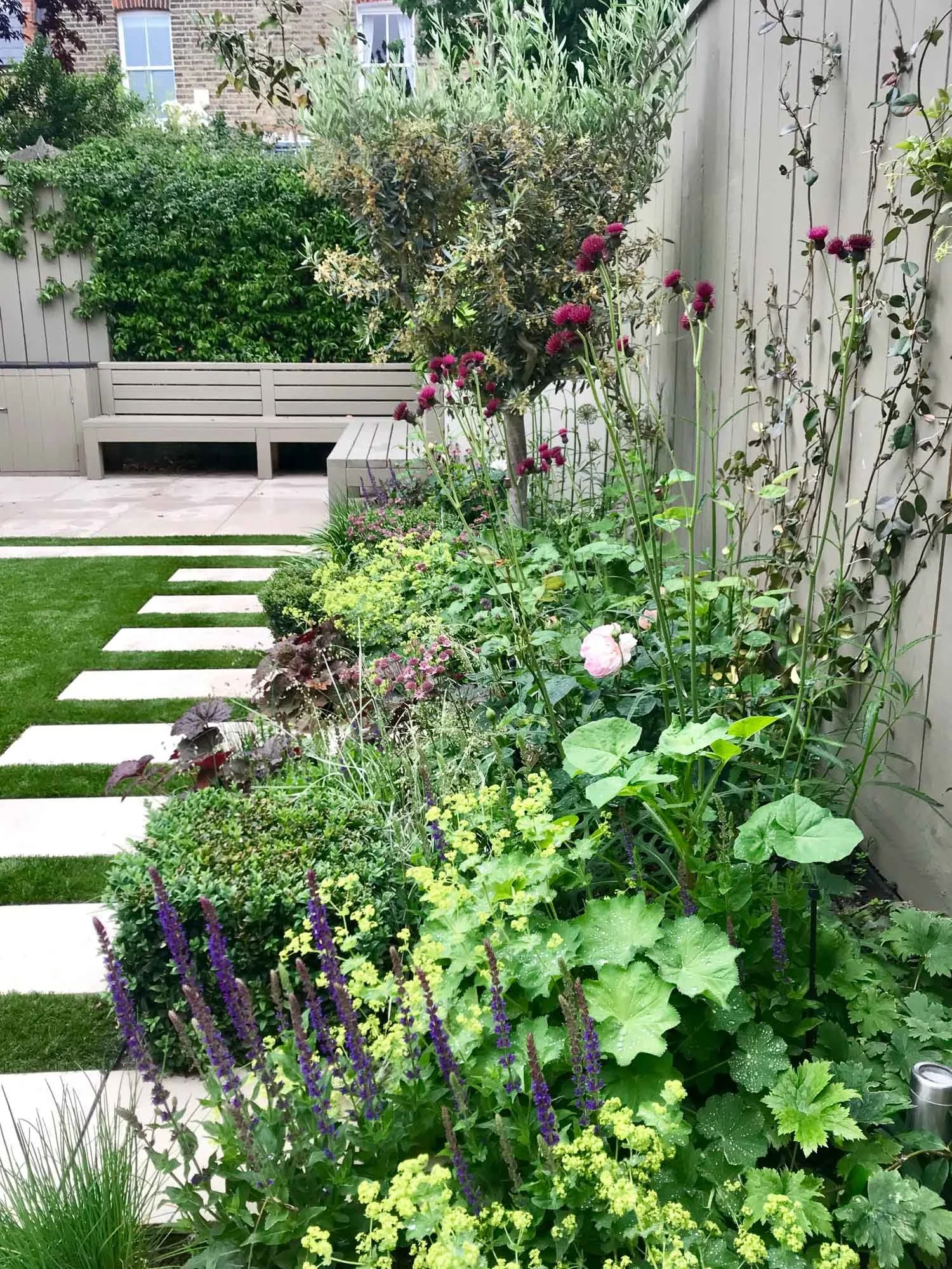 A backyard garden with a paved pathway made of white stepping stones, lush greenery including bushes and flowering plants, and a light grey wooden fence. There is a landscaped lawn area to the left and a built-in bench along the back wall.