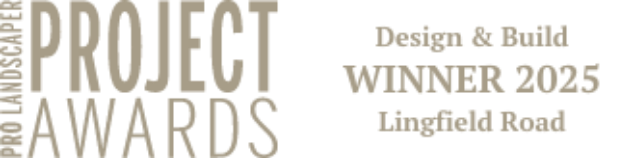 Text on a black background reads 'PROJECT AWARDS' along with 'Design & Build WINNER 2025 Longfield Road' in beige and white lettering.
