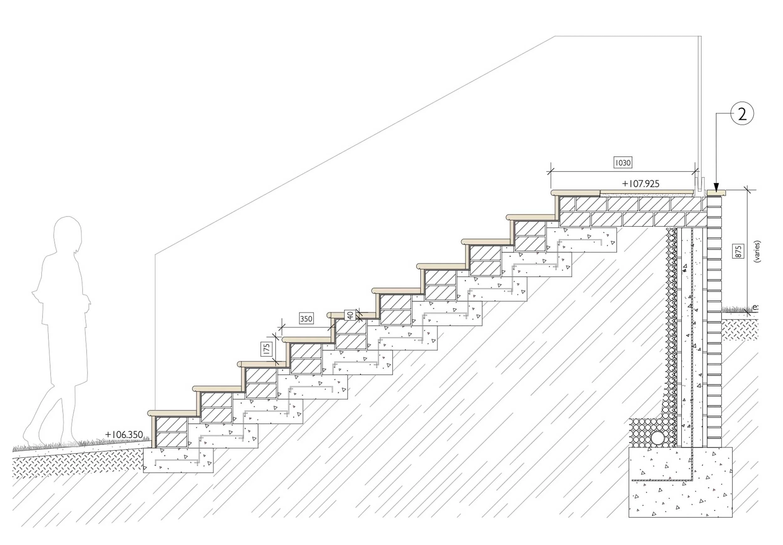 Technical cross-section drawing of garden steps showing brickwork concrete foundations and site level measurements