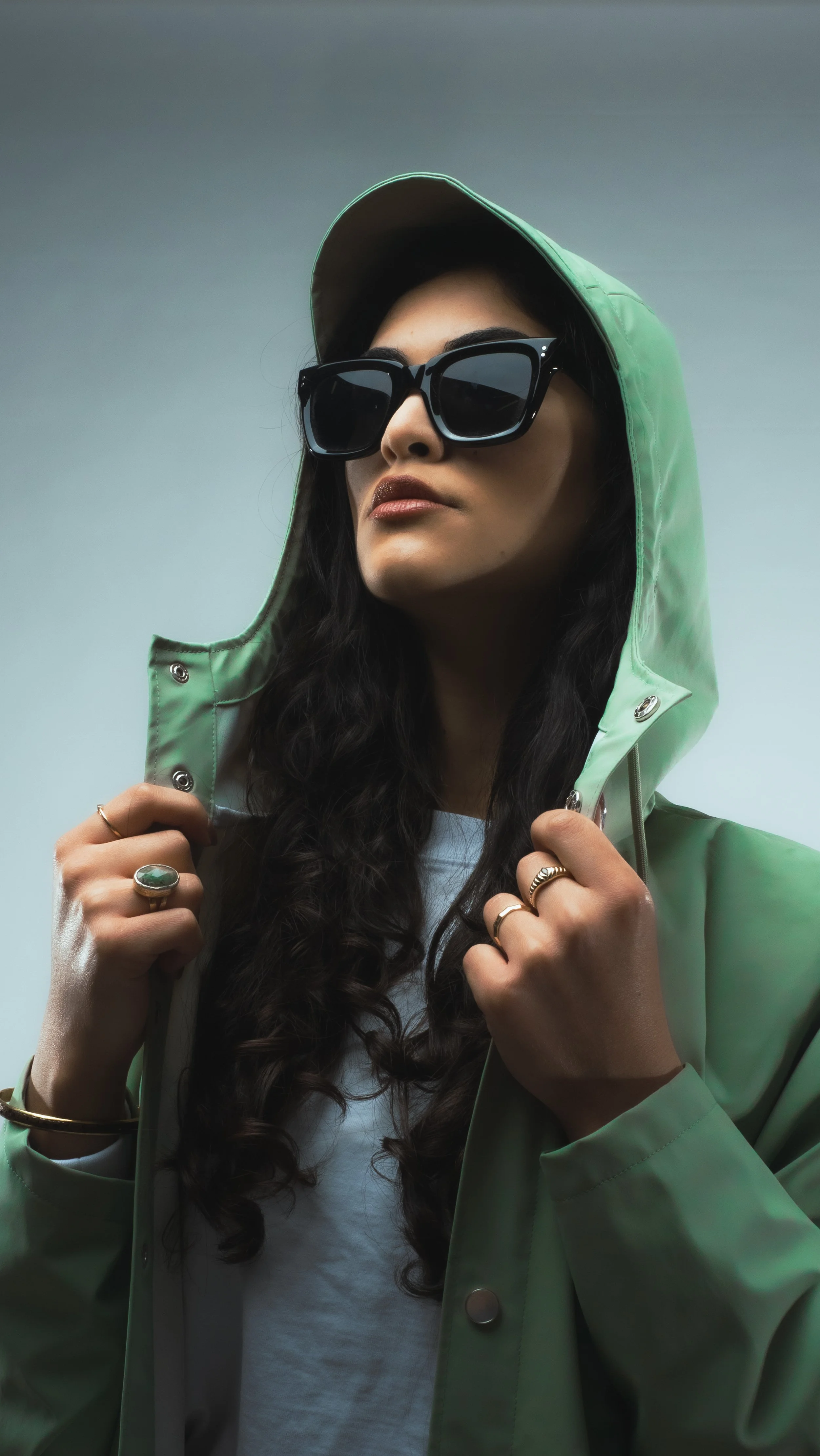 Sunglasses, Editorial Shoot, Highdetail fashion photography, raincoat