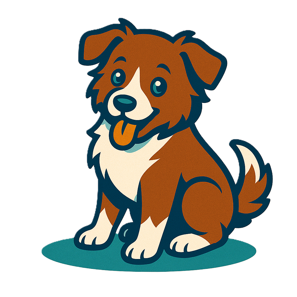 A cartoon illustration of a happy brown and white dog sitting on a blue oval platform, with its tongue out and ears flopping, eager puppy waiting to start foundation training.