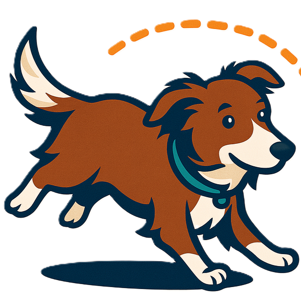 A cartoon illustration of a playful brown and white dog with a blue collar, running with a smiling expression happy to participate in dog training life skill classes.