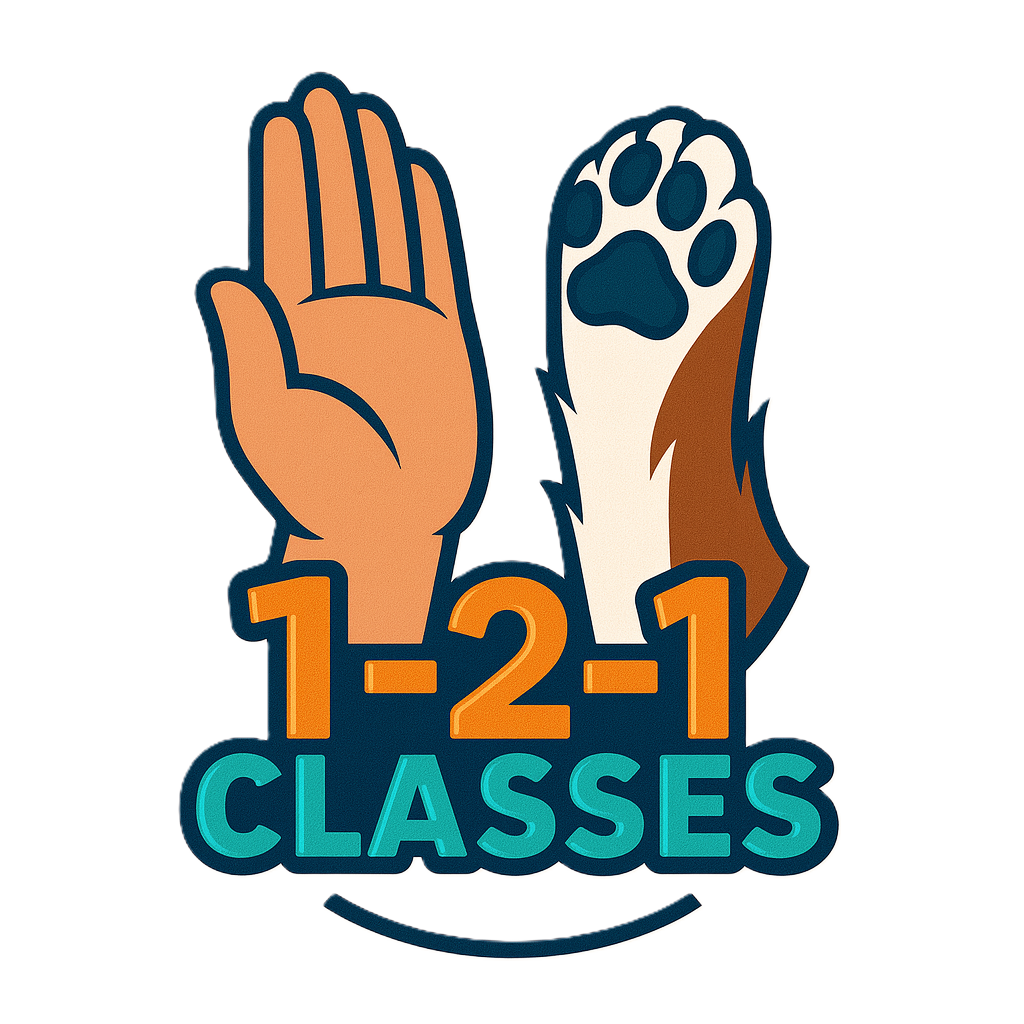 A graphic with a raised hand, a paw, and the text '1-2-1 CLASSES' in bold colors to signal personal training and coaching sessions.