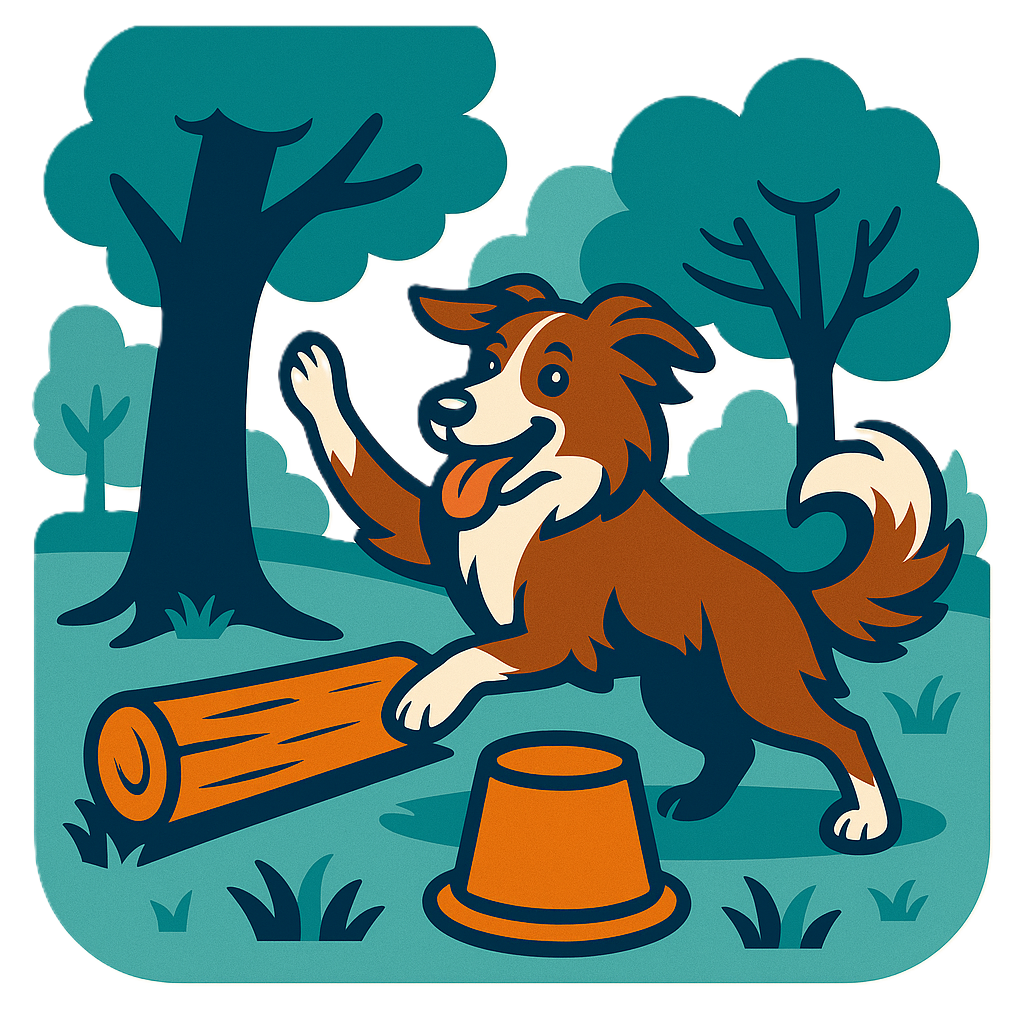 Cartoon of a playful dog with one paw raised, standing on grass in a park, surrounded by trees and a fallen log. The dog appears happy with its tongue out and ears perked up as it experiences enriching walks with his owner.