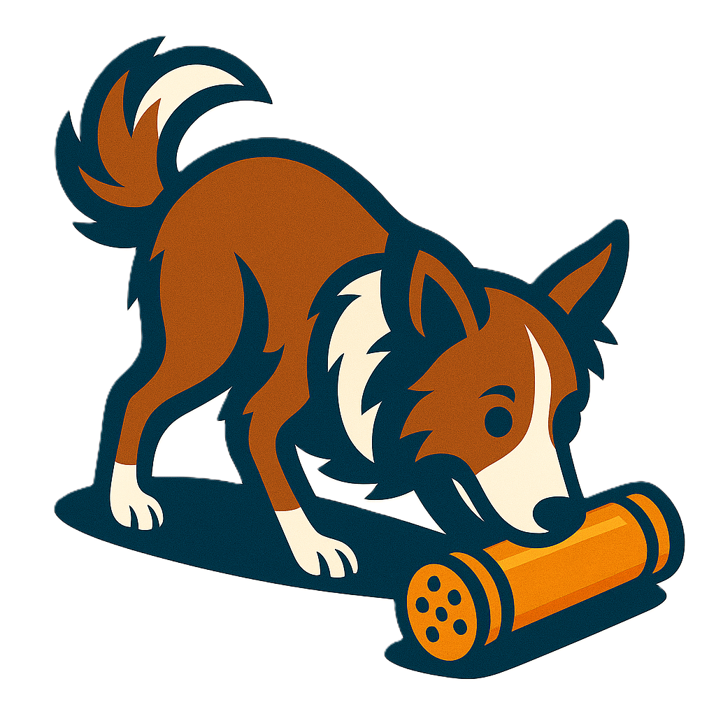 Cartoon illustration of a dog playing with a scent tube, with a cream and blue background, searching, trying to find the correct scent.